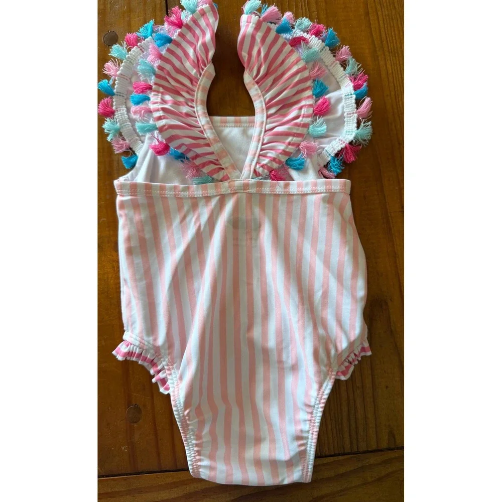 Mud Pie Baby Girl Mermaid One Piece Swimsuit Pink Striped Tassel 6-9 Months